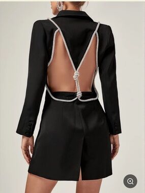 Plunge Backless Blazer Dress Crystal Open Back Tuxedo Mini Dress Medium